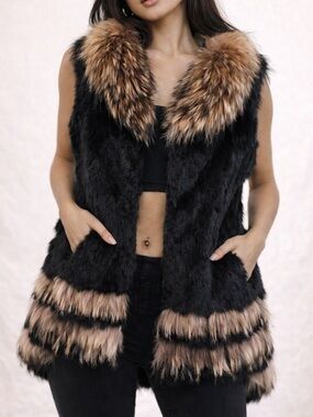 Vintage Black Fur Vest Fox Fur Collar Rabbit Fur Trim Coat